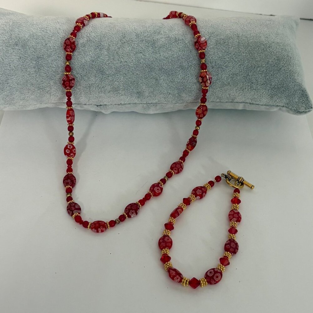 Red Gold Millefiori Glass Bead Necklace and Bracelet Set